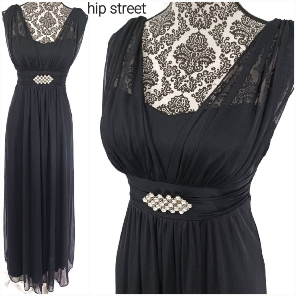 ONYX NITE Chiffon Overlay High Waist Brooch Goddess Party Prom Maxi Dress 6 NWOT